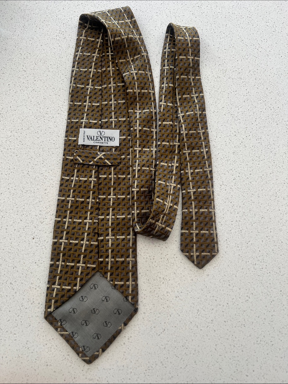 Valentino Basketweave Patterned Tie Tan Khaki Silk